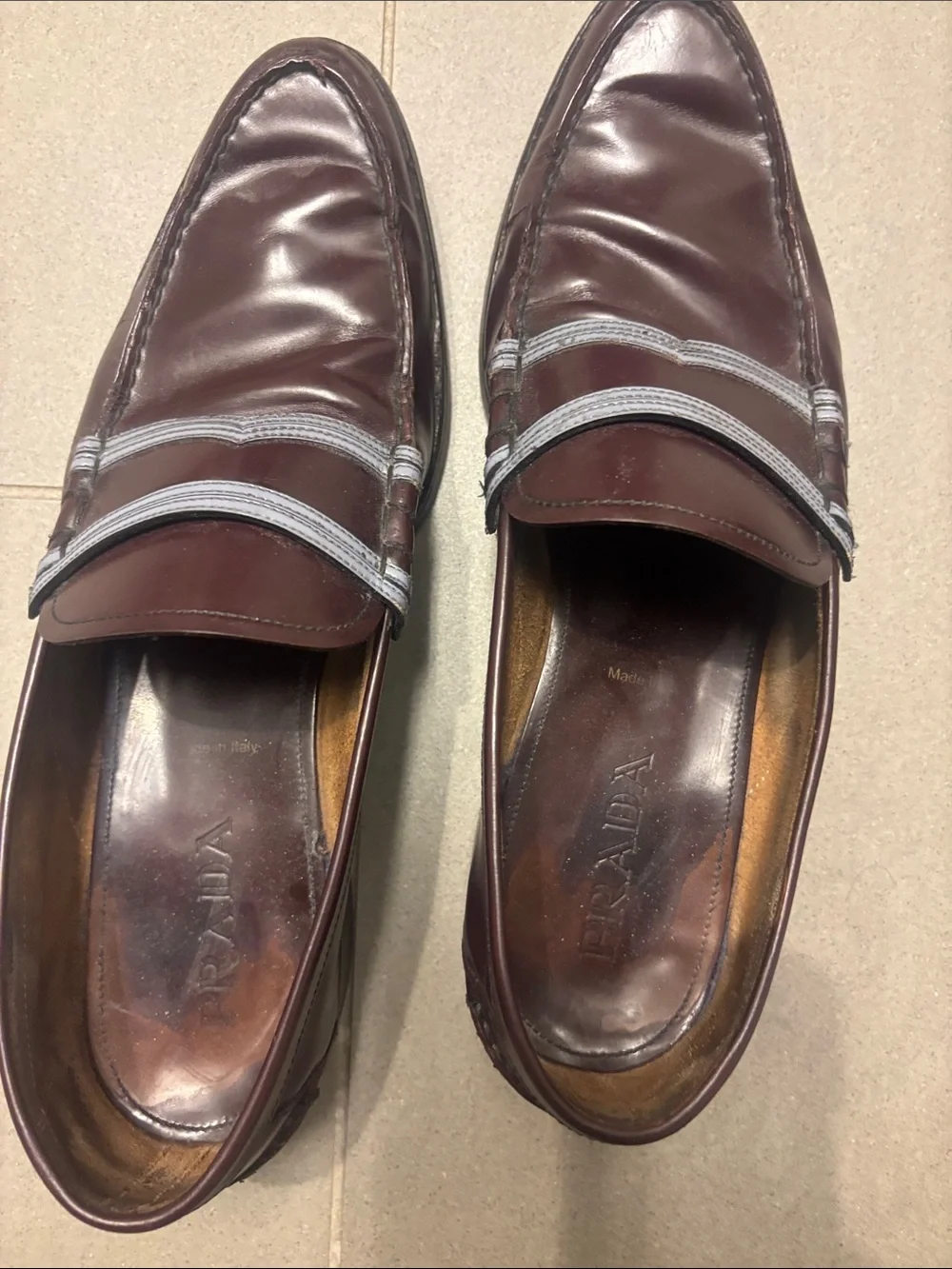 Prada Men's Burgundy Leather Penny Loafers with Light Gray Trim